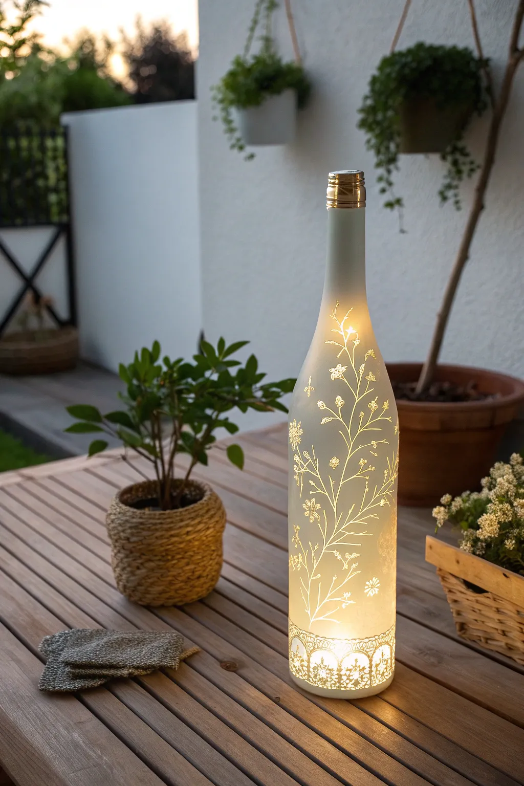 Illuminate your garden with enchanting upcycled wine bottle solar lights, blending eco-friendly beauty with minimalist elegance.