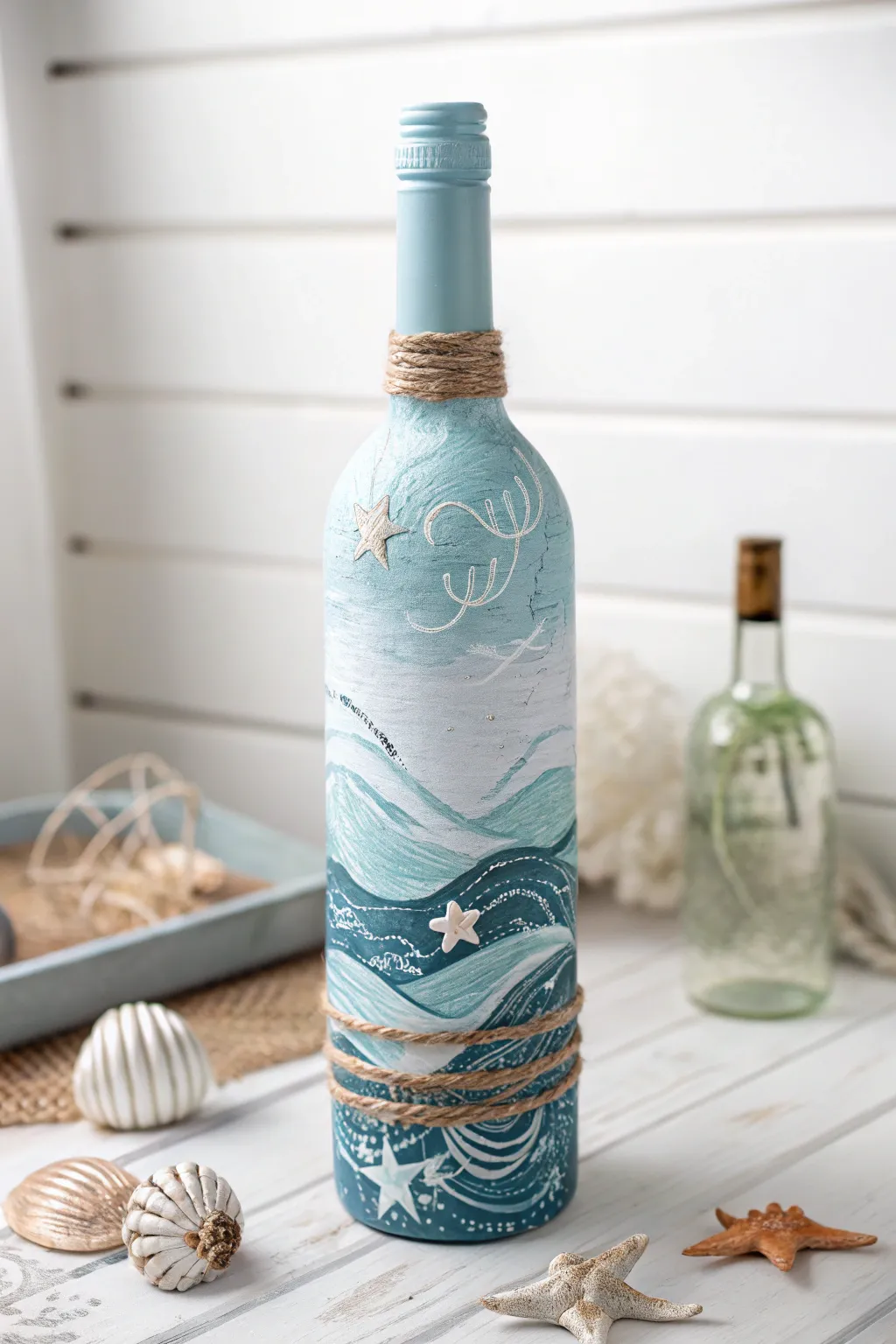 Bring seaside serenity to your decor with a beautifully painted coastal wine bottle.