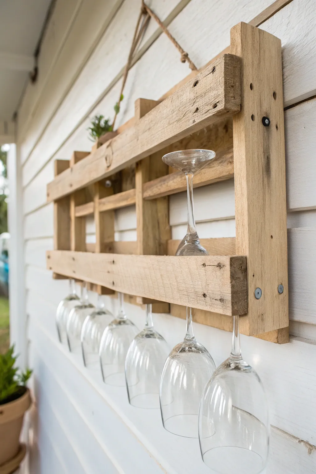 Transform sustainability into style with this DIY wine glass rack made from a repurposed pallet. A perfect blend of minimalist elegance and natural beauty.