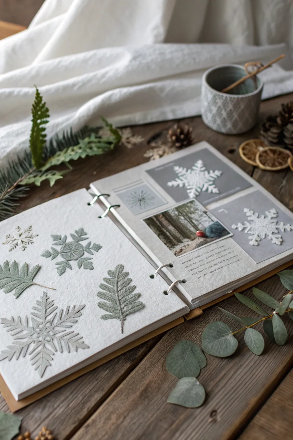 Embrace the serene elegance of winter with a monochrome scrapbook that whispers calm and creativity.