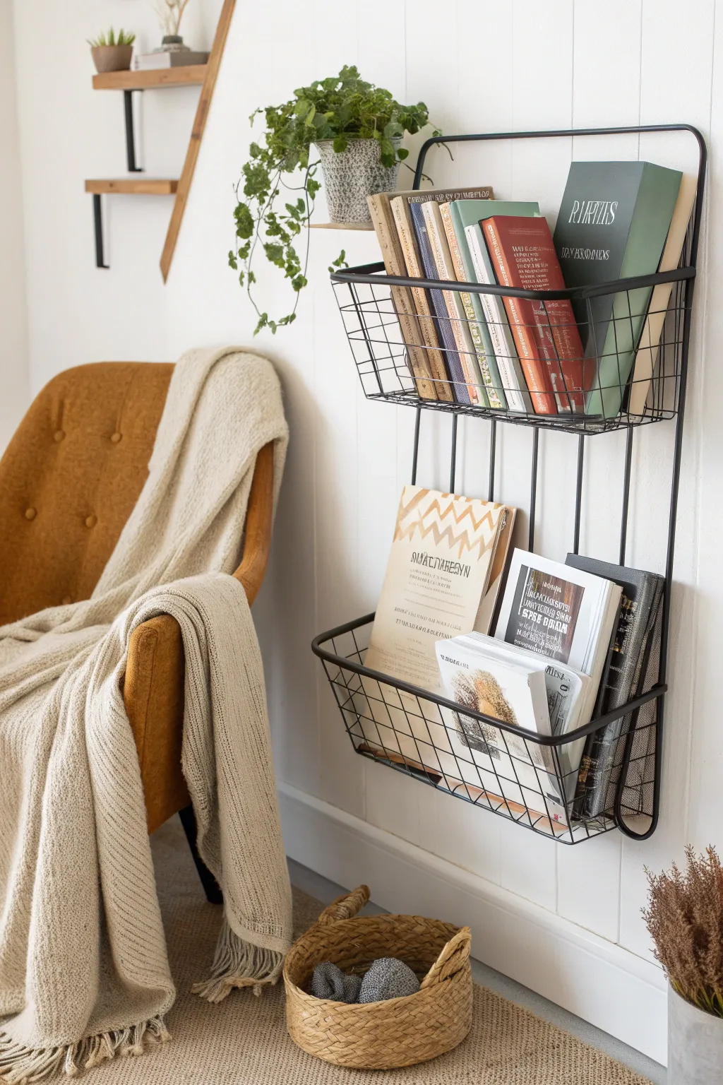 Transform your reading nook with a minimalist wire basket bookshelf—where simplicity meets rustic charm.