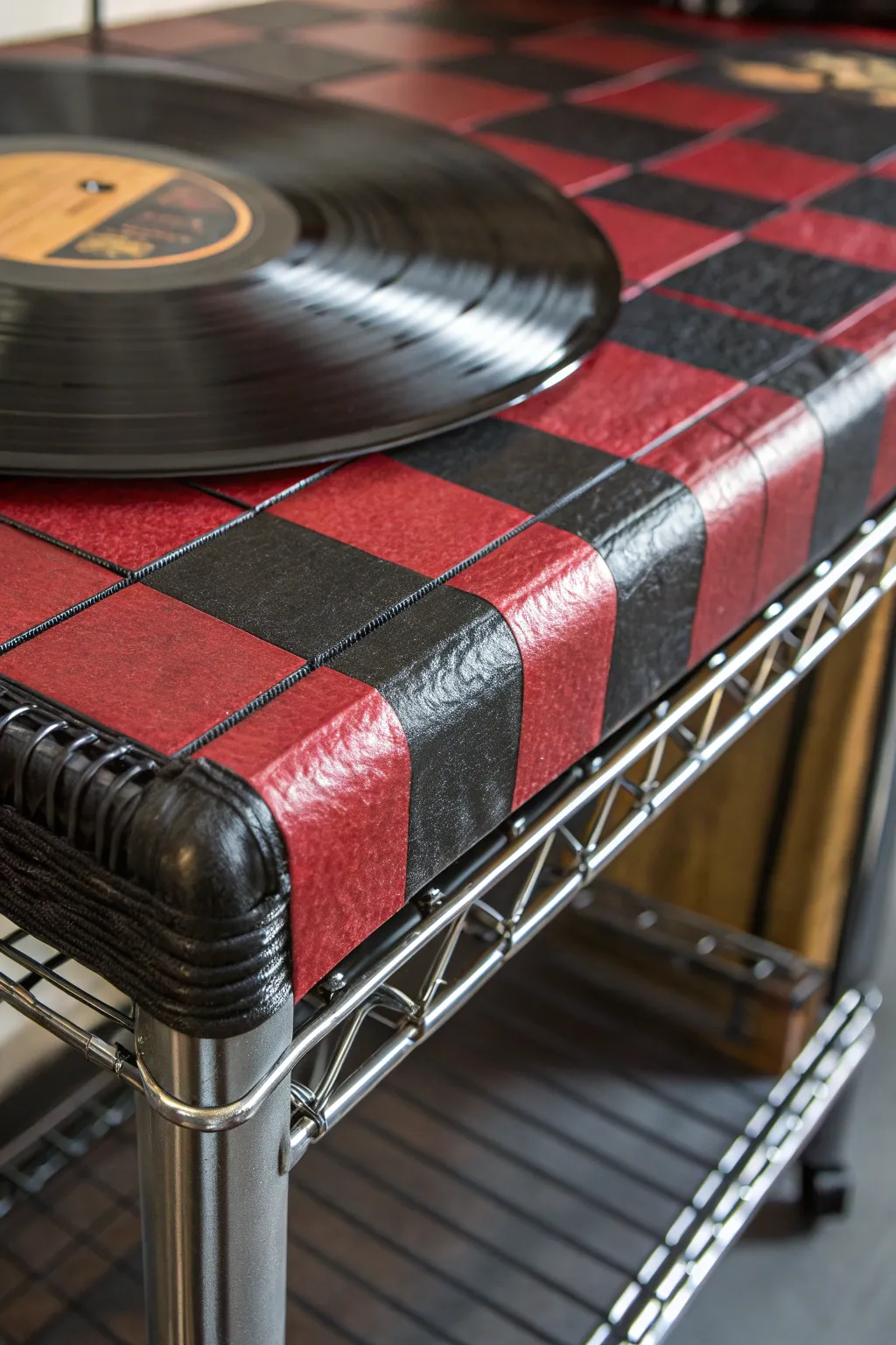 Transform your wire rack with leftover vinyl flooring: a blend of durability and style.