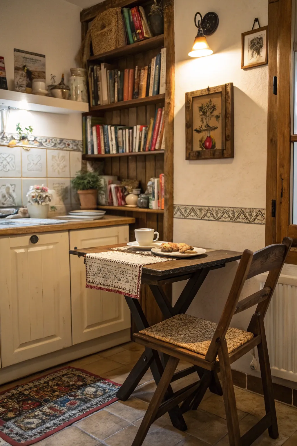 A cozy nook offers a personal retreat in the kitchen.