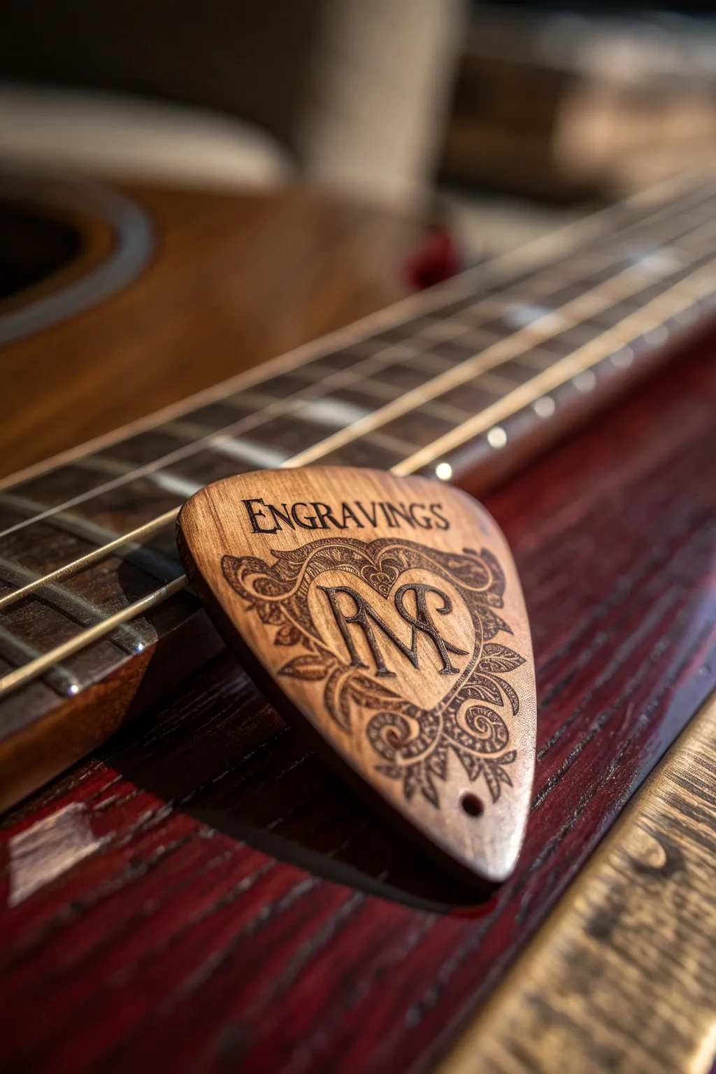 Strum in style with a personalized wooden guitar pick — where craftsmanship meets music.