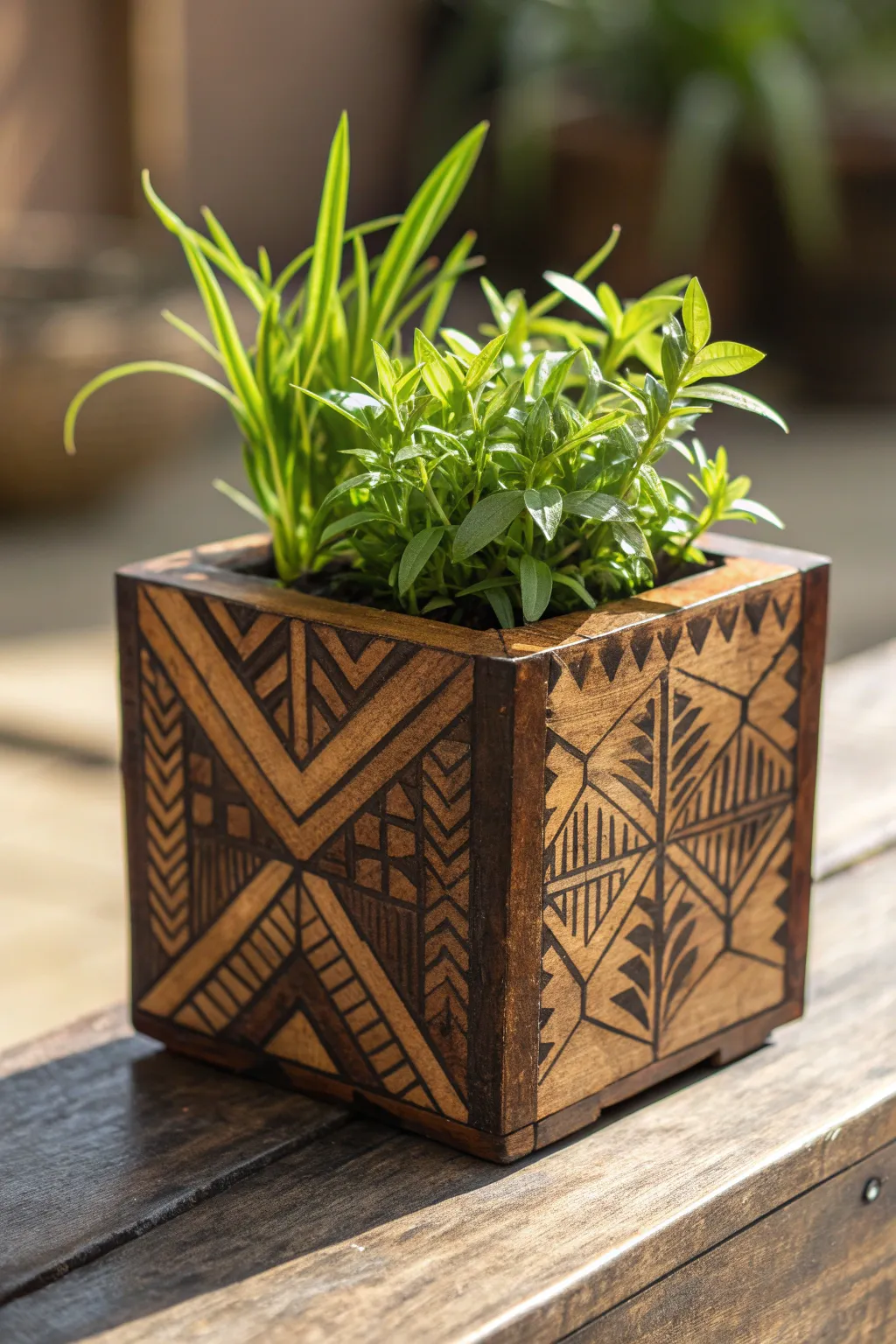 Elevate your greenery with a touch of modern art—geometric wood-burned planters for the discerning eye.
