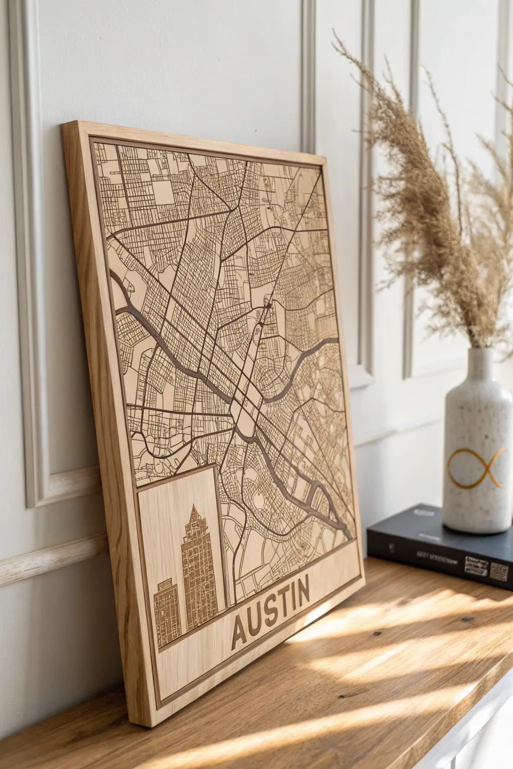 Elevate your space with this exquisite wooden map art of Austin, where minimalist design meets natural beauty.
