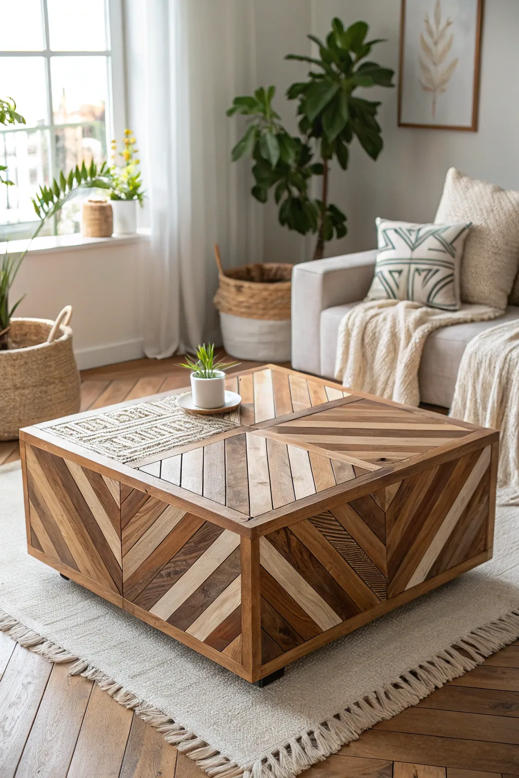 Elevate your living space with this stunning geometric coffee table – a perfect blend of minimalist design and bohemian charm.