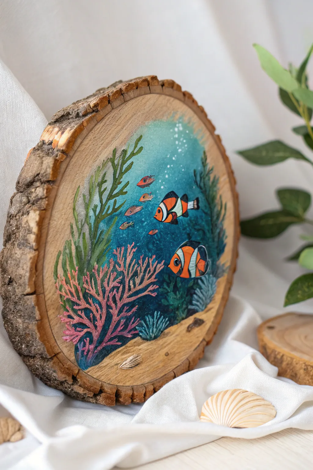 Bring the ocean's beauty to your home with this stunning wood slice painting, a perfect blend of artistry and nature.