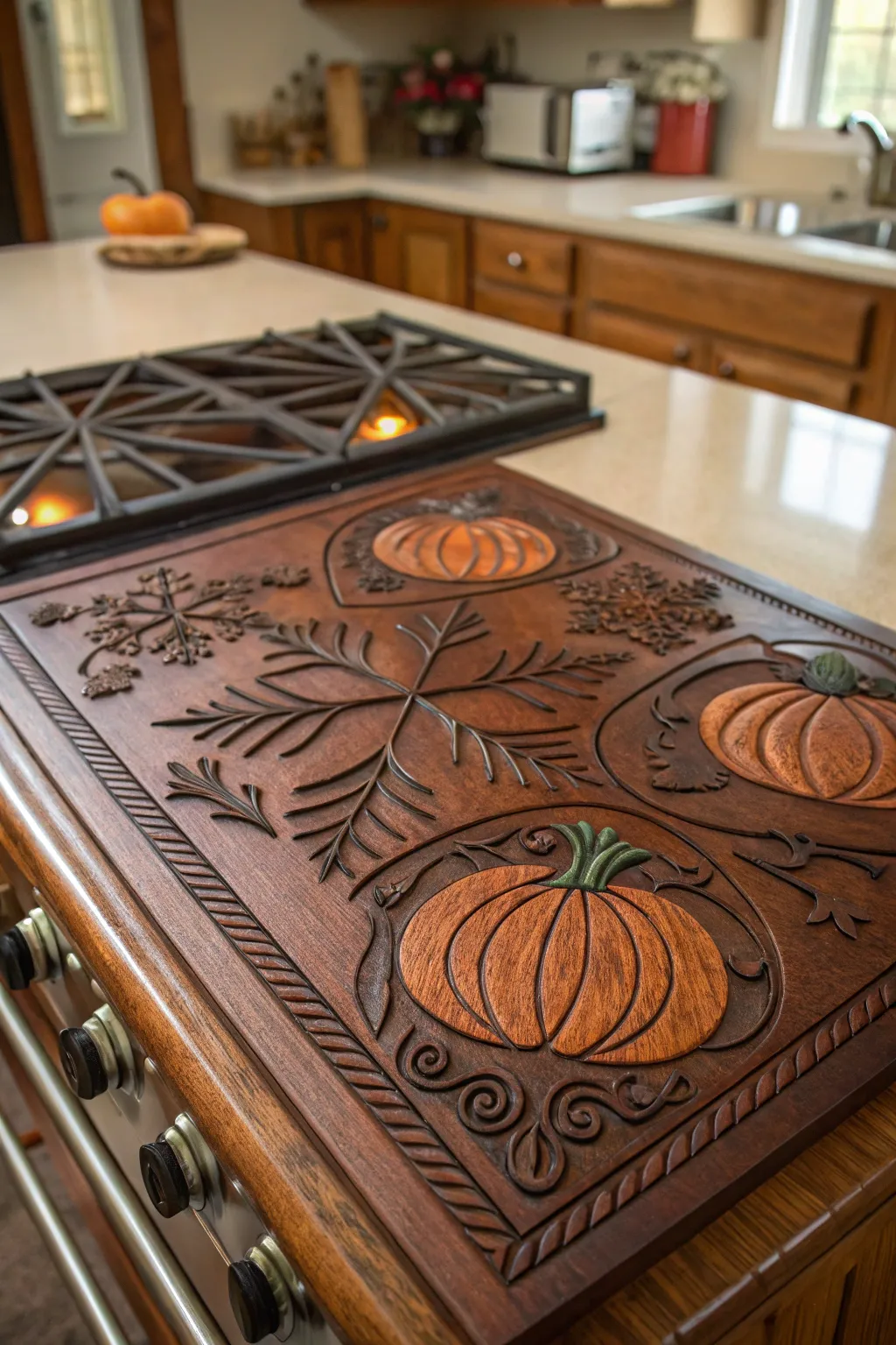 Elevate your kitchen with a handcrafted wood stove top cover that celebrates the seasons with style and elegance.