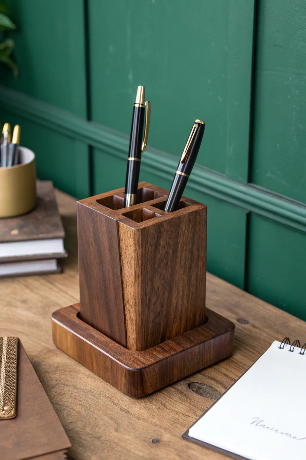Elevate your workspace with this elegant handcrafted wooden pen holder.