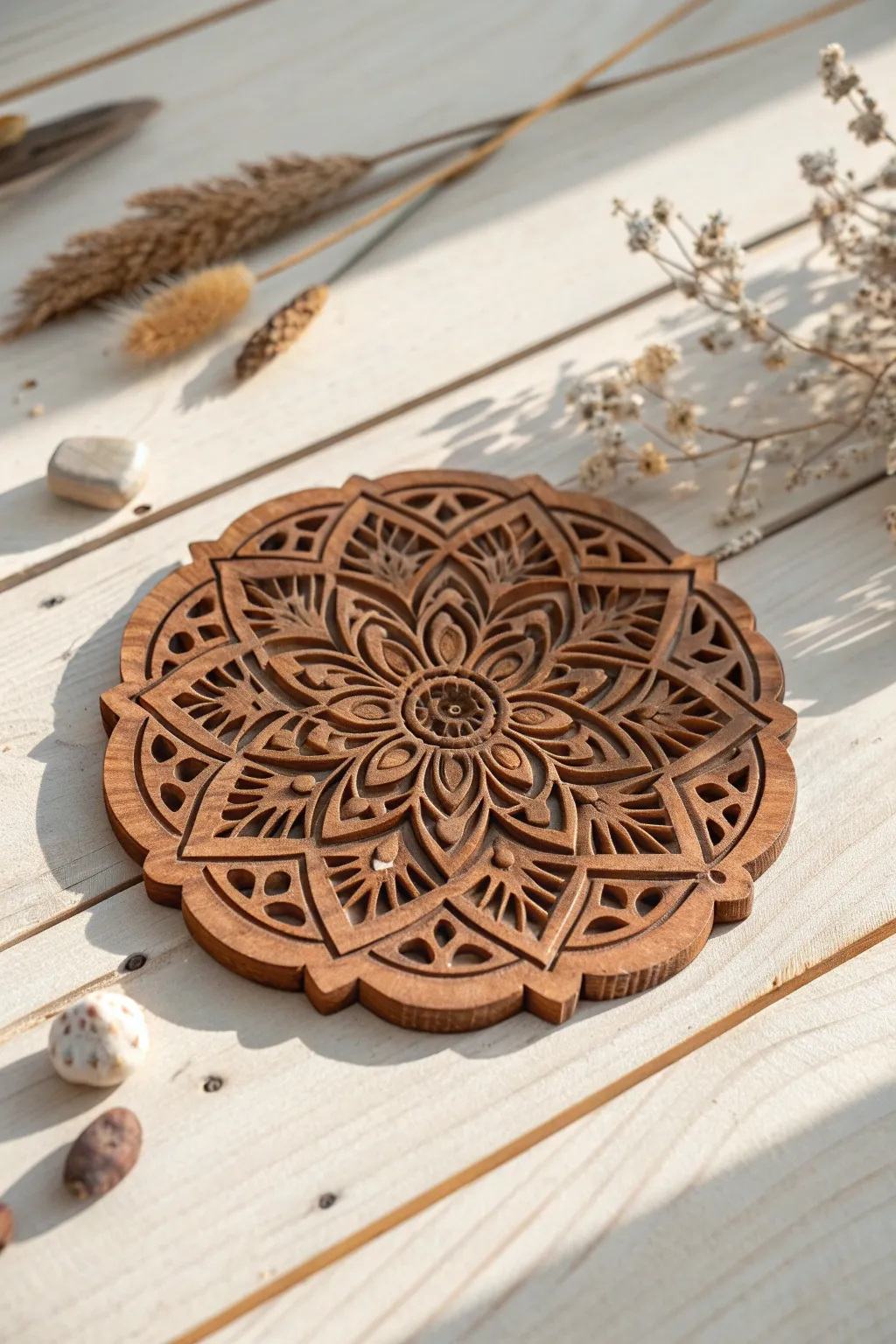 Embrace serenity with intricately carved wooden mandalas, a blend of craftsmanship and natural beauty.