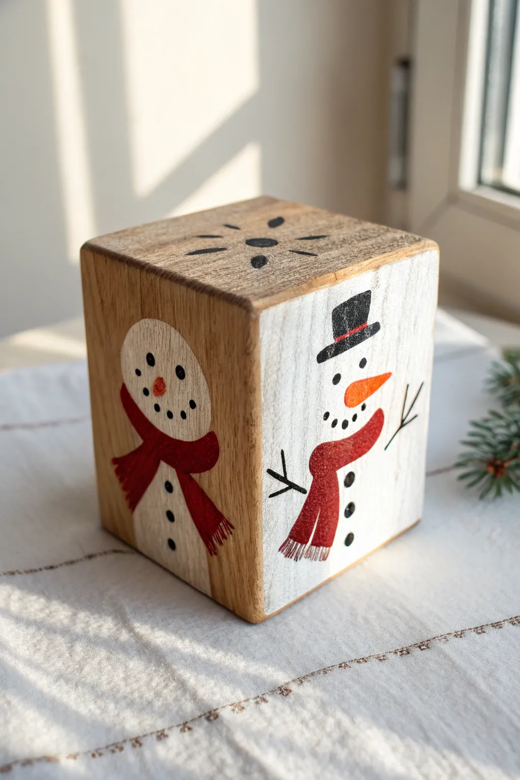 Embrace the festive spirit with handcrafted wooden cube snowmen, perfect for a minimalist holiday decor.