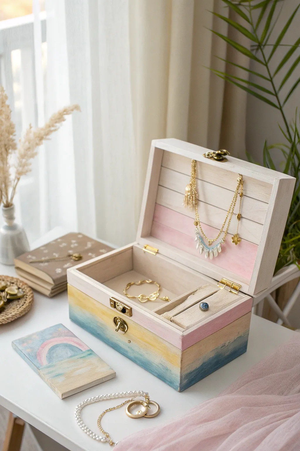Embrace serenity with a pastel sunrise on your jewelry box.