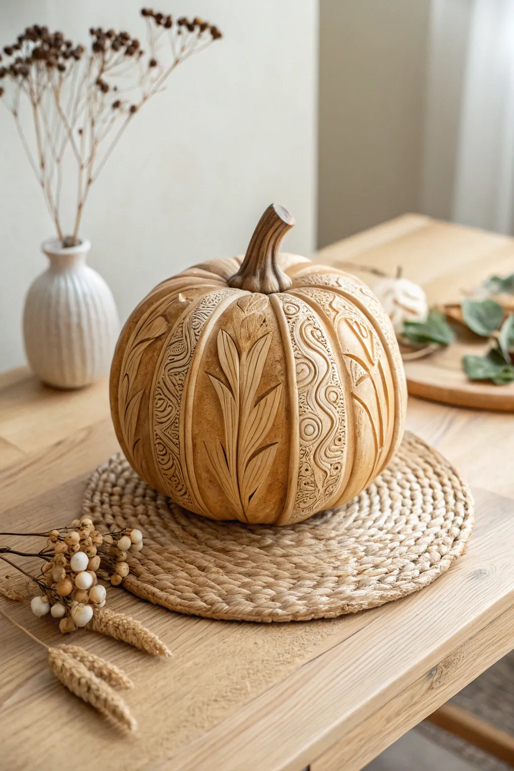 Embrace the serene beauty of natural wood grain with this stunning unpainted wooden pumpkin.