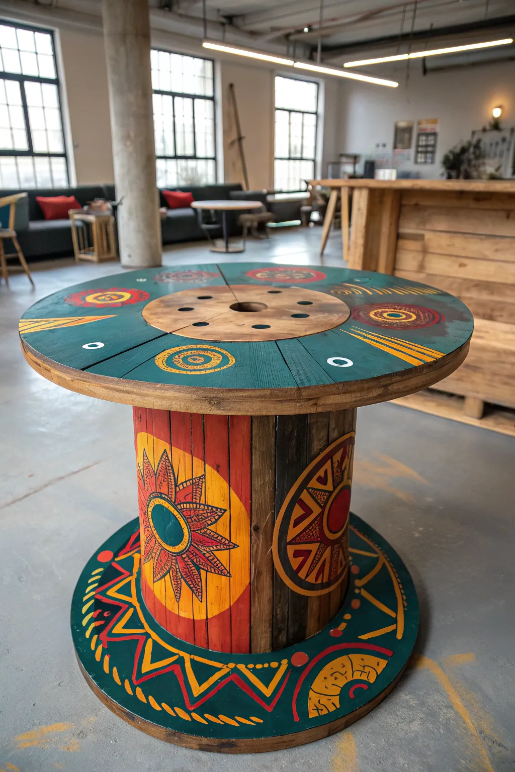 Transform your space with a handcrafted wooden spool table that bursts with color and personality.