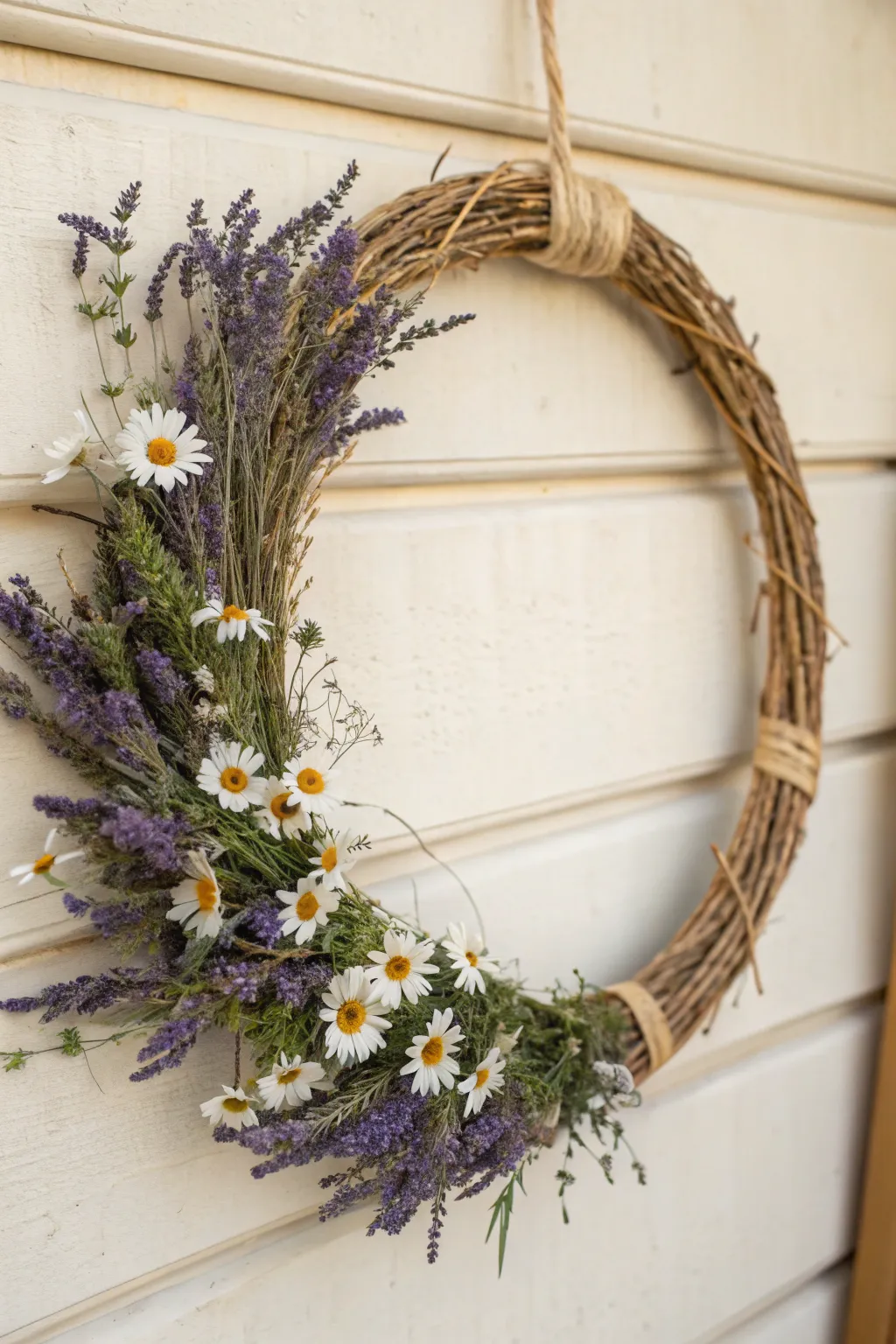 Embrace the natural elegance of a handcrafted wooden wreath with a fragrant touch of lavender and chamomile.