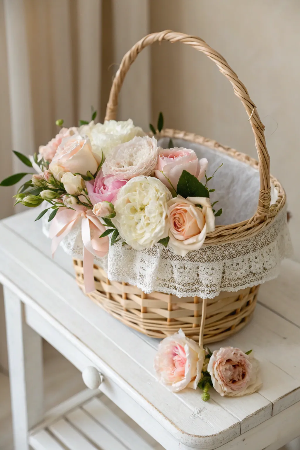 Embrace vintage charm with a lace-lined woven basket filled with dreamy florals.