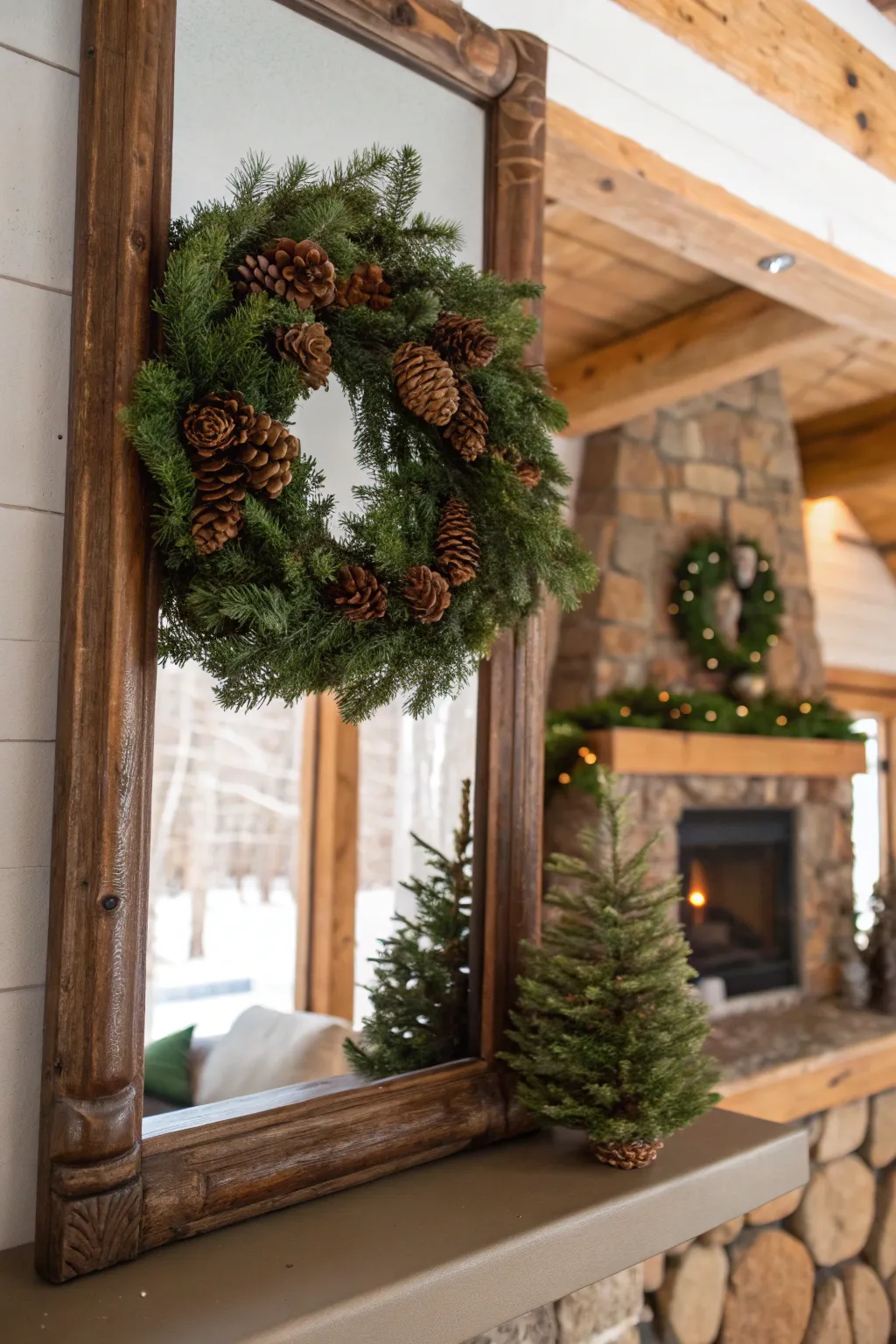 Pinecones add a natural touch to a mirror wreath.