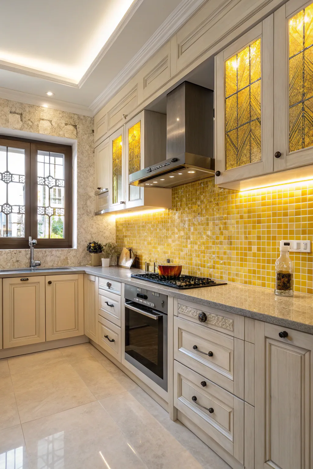 Mosaic yellow accents add texture and interest to this elegant kitchen.