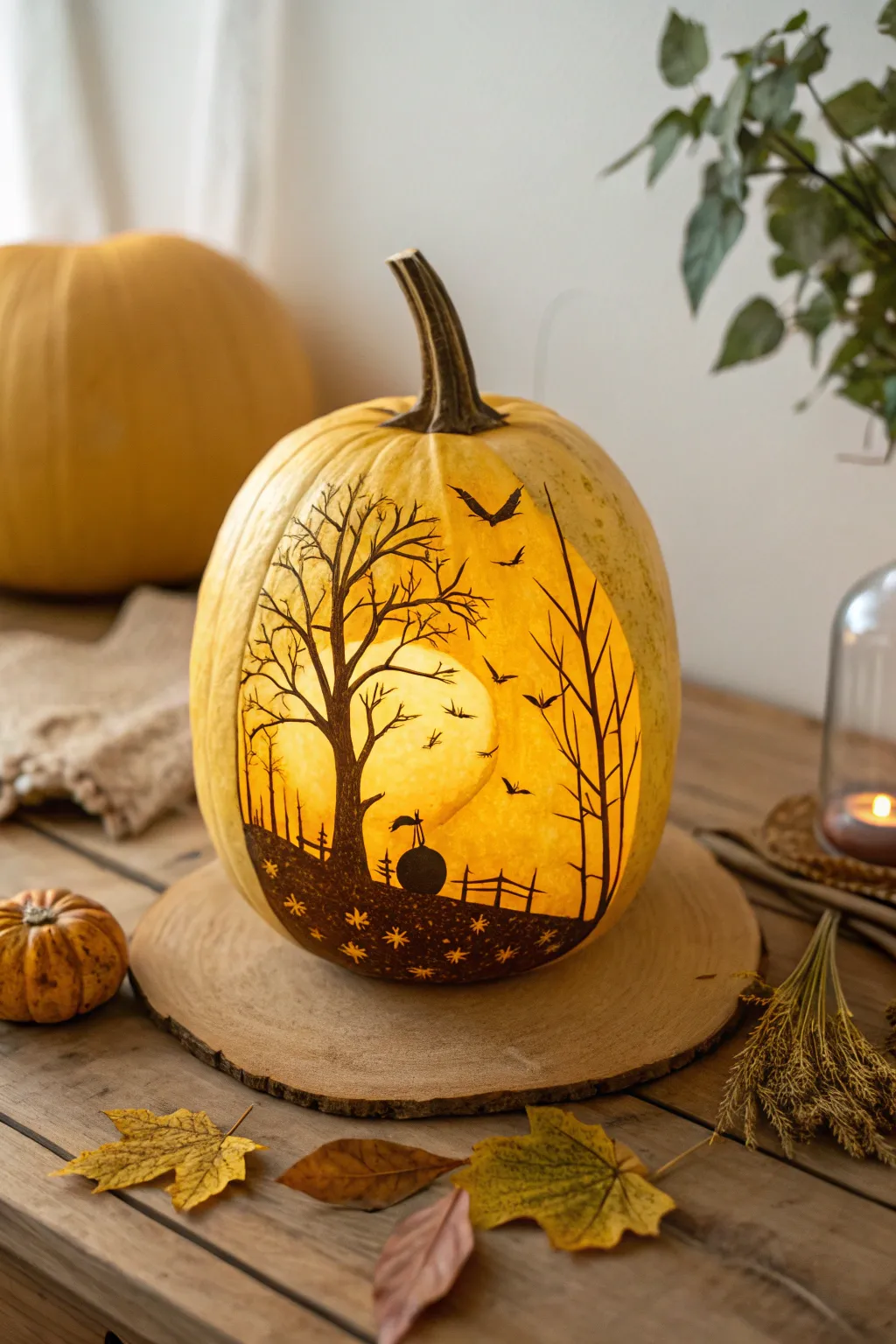 Embrace the warmth of autumn evenings with a beautifully carved sunset silhouette pumpkin.