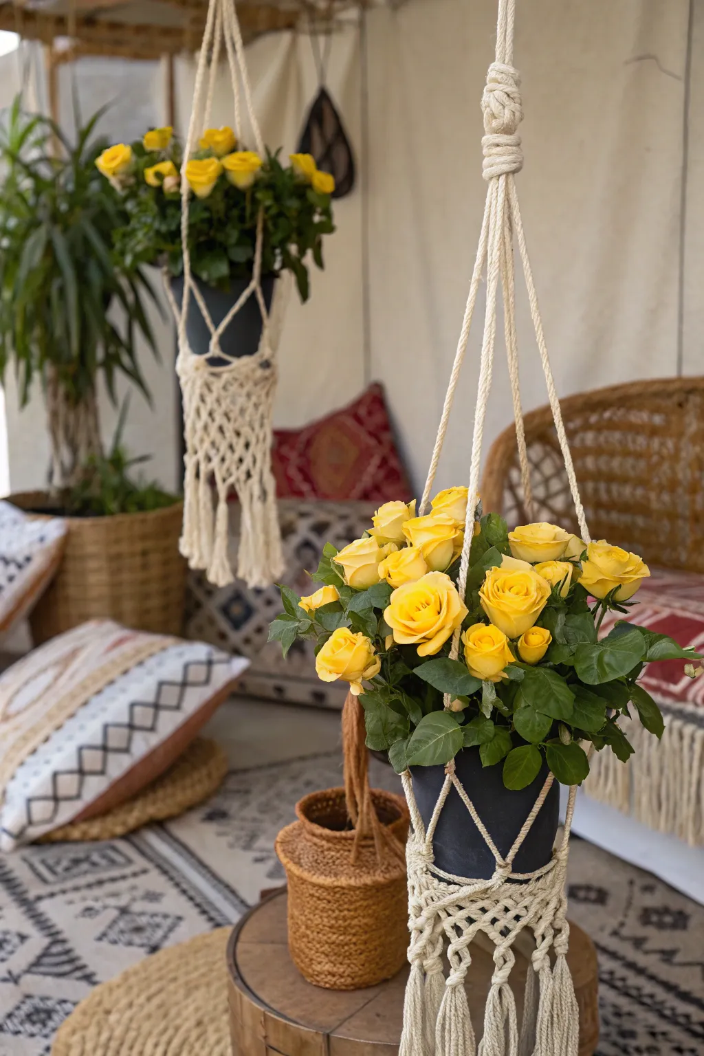 Bohemian beauty with yellow roses and macrame.