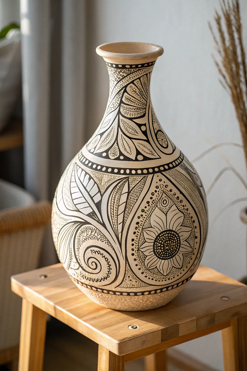 Discover the beauty of cultural patterns with this exquisite Zentangle-inspired vase, where simplicity meets artistry.