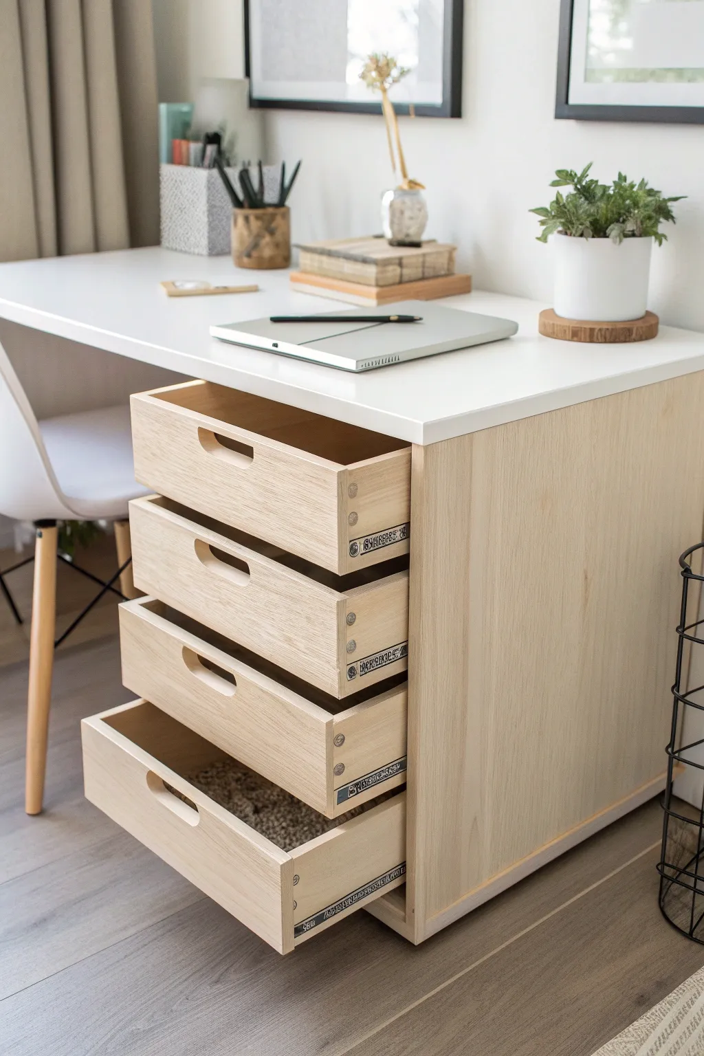 Elevate your creativity with this elegant under-desk storage solution, blending Scandinavian simplicity with a touch of Boho charm.