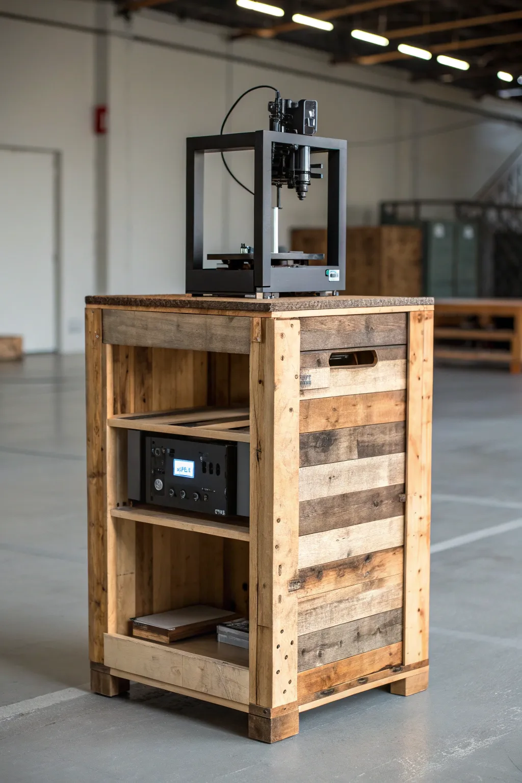 Transform your 3D printing setup with this eco-friendly stand made from recycled pallets—where sustainability meets style.
