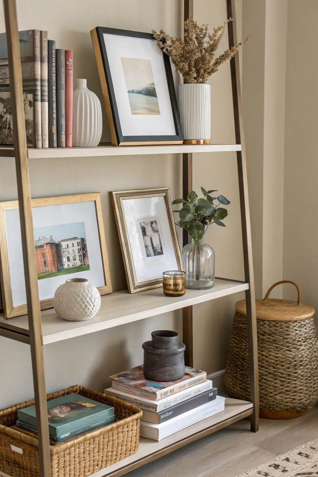 Create a flexible display with frames on a shelf.