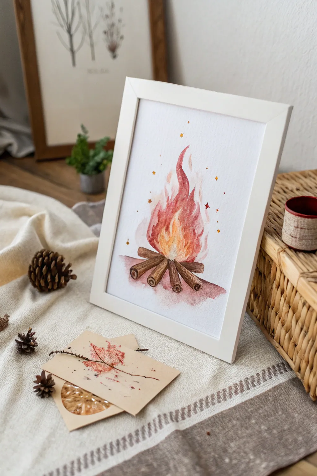 Embrace the warmth and storytelling of a cozy campfire with this minimalist watercolor painting.