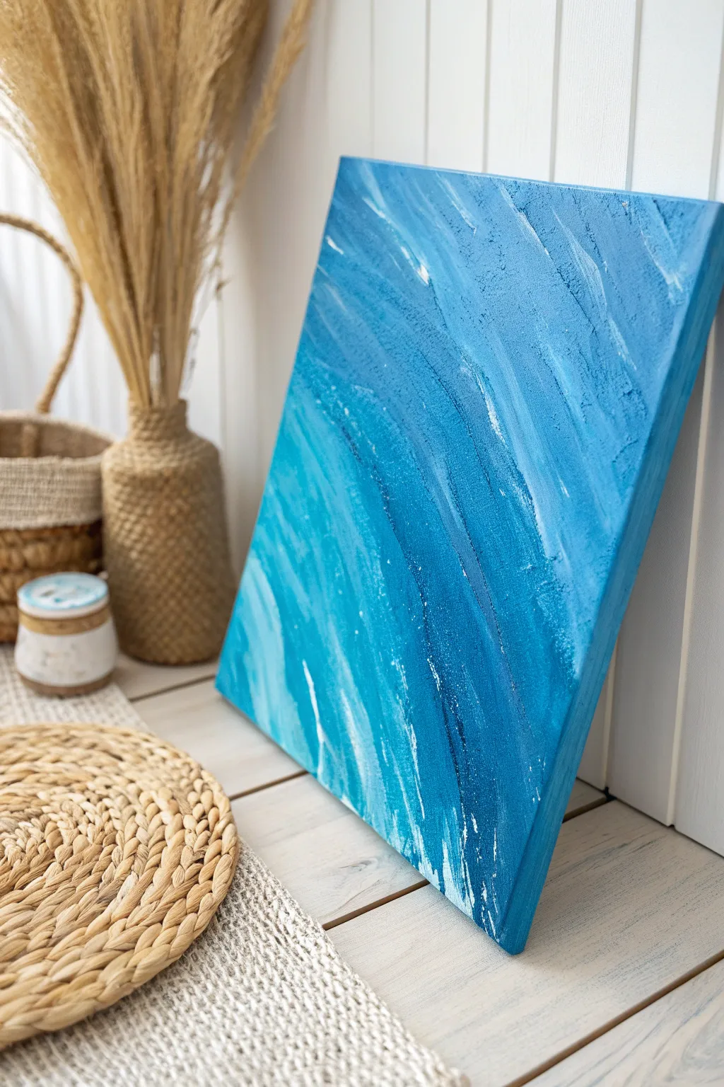 Embrace the beauty of visible brush strokes on a serene blue canvas, where simplicity meets artistic flair.