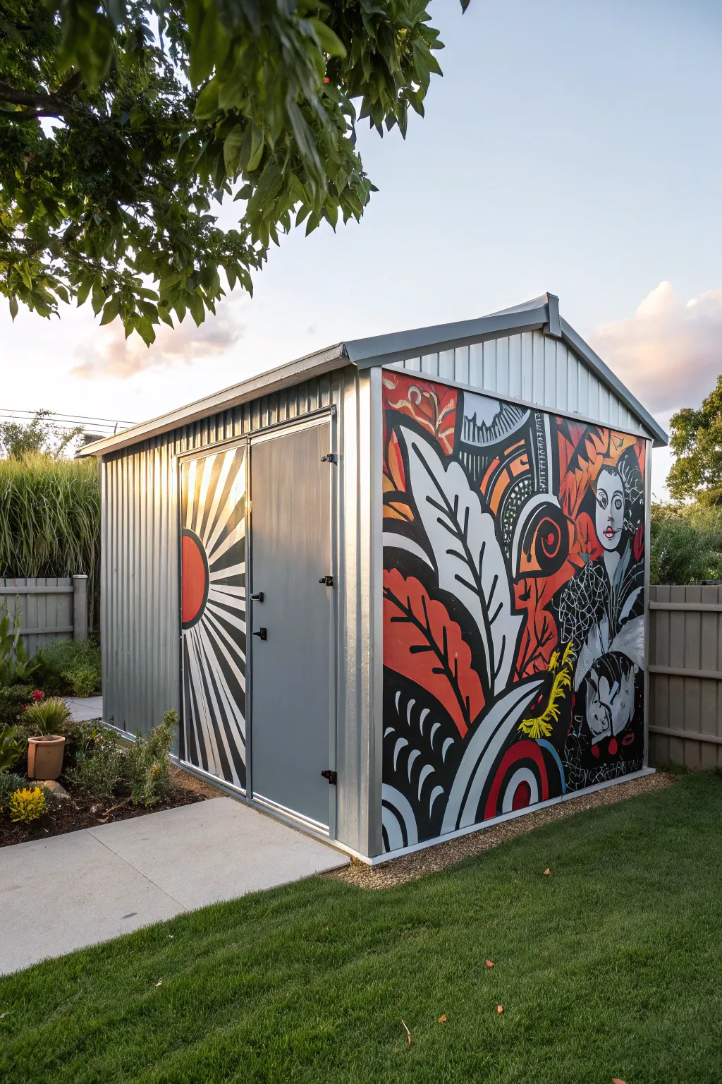 Transform your metal shed into an outdoor masterpiece with a bold, artistic mural.