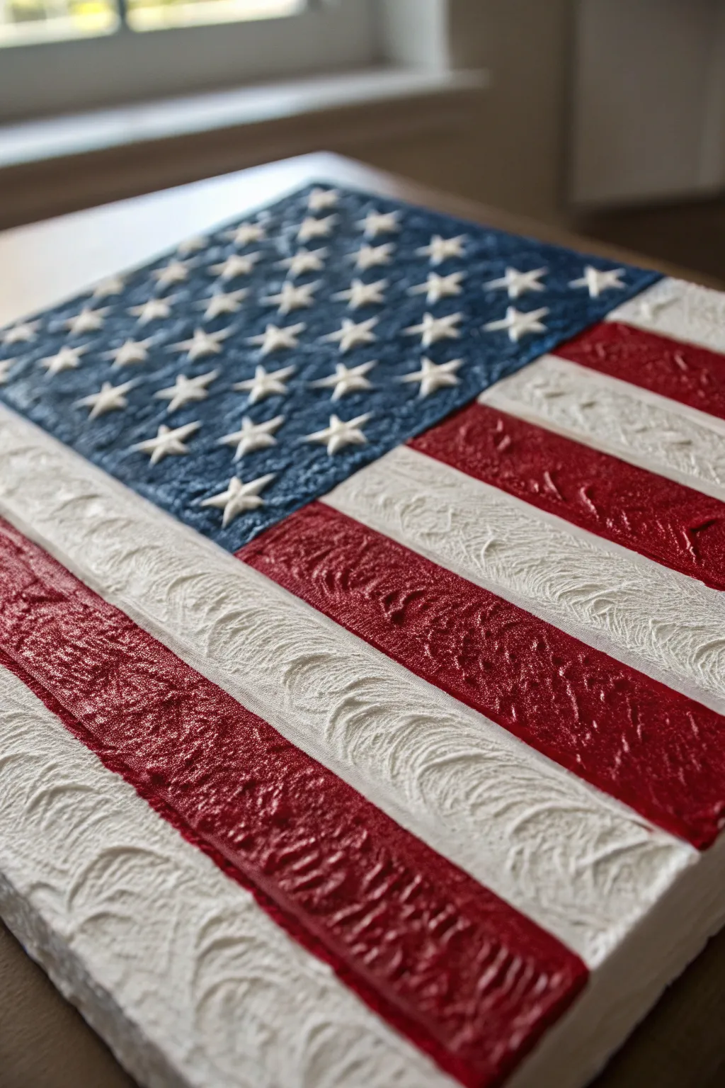 Elevate your space with textured flag art—a striking blend of color and dimension.