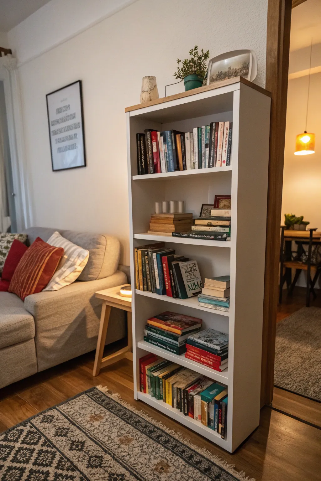A compact bookshelf fits perfectly into a small nook, maximizing storage.