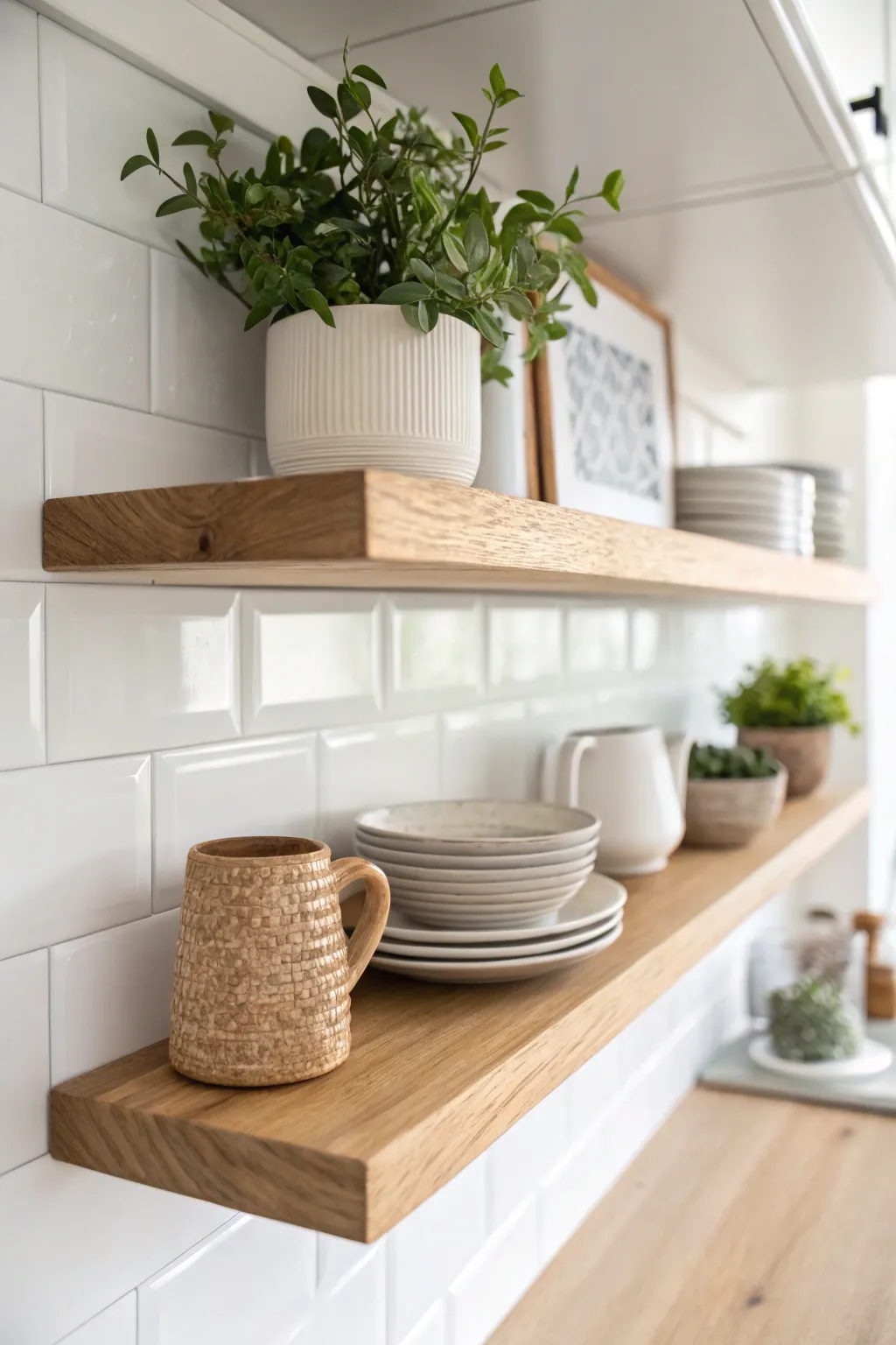 Elevate your space with minimalist floating shelves—perfect for a clutter-free kitchen!