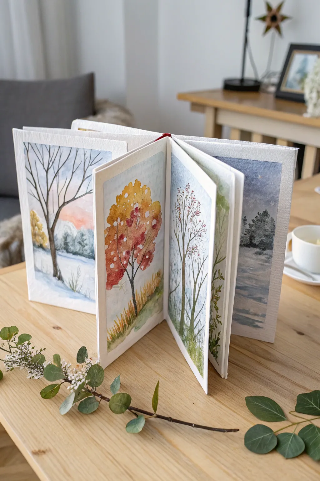 Embark on a seasonal journey with this beautifully crafted accordion book, where art and nature entwine in perfect harmony.