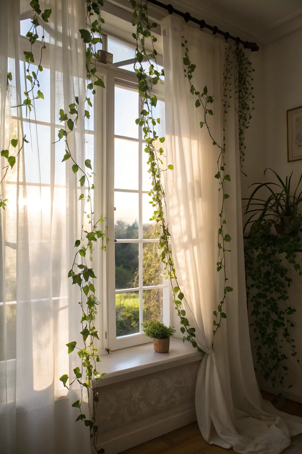 Leaf-embellished curtains offer a breezy, natural flair.