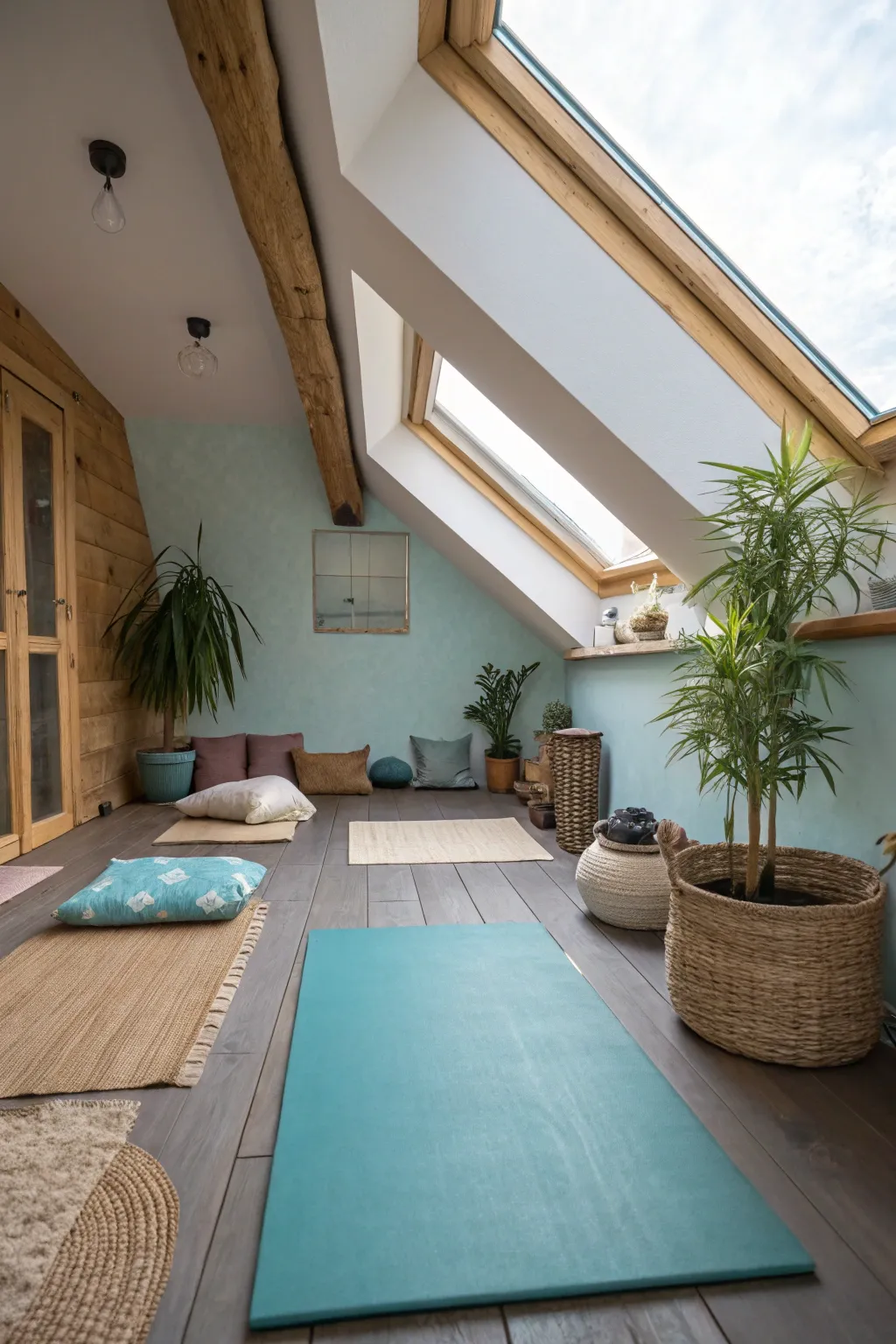 A tranquil attic space perfect for yoga or meditation.