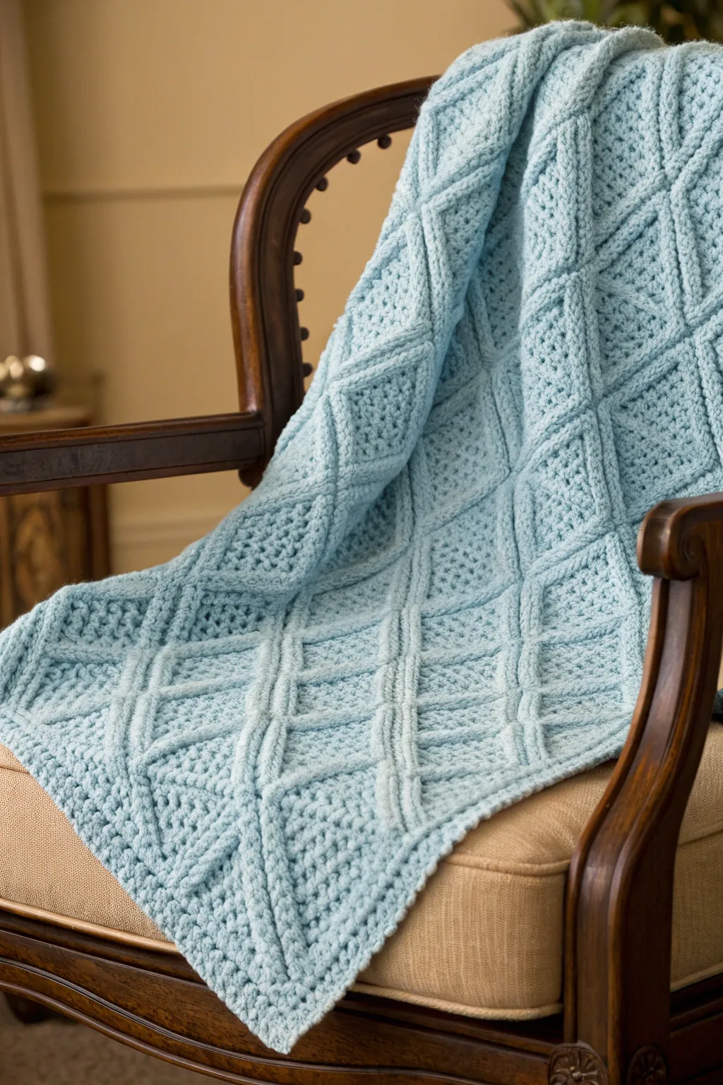 Experience the elegance of textured diamond patterns in this luxurious baby boy crochet blanket.