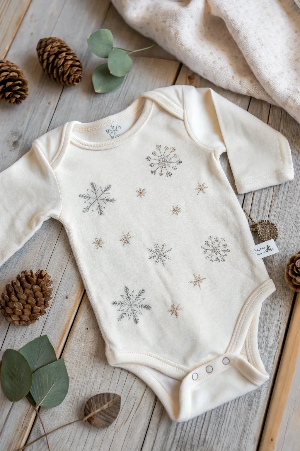 Embrace the magic of winter with hand-embroidered snowflakes on a cozy baby onesie, perfect for welcoming the season with warmth and style.