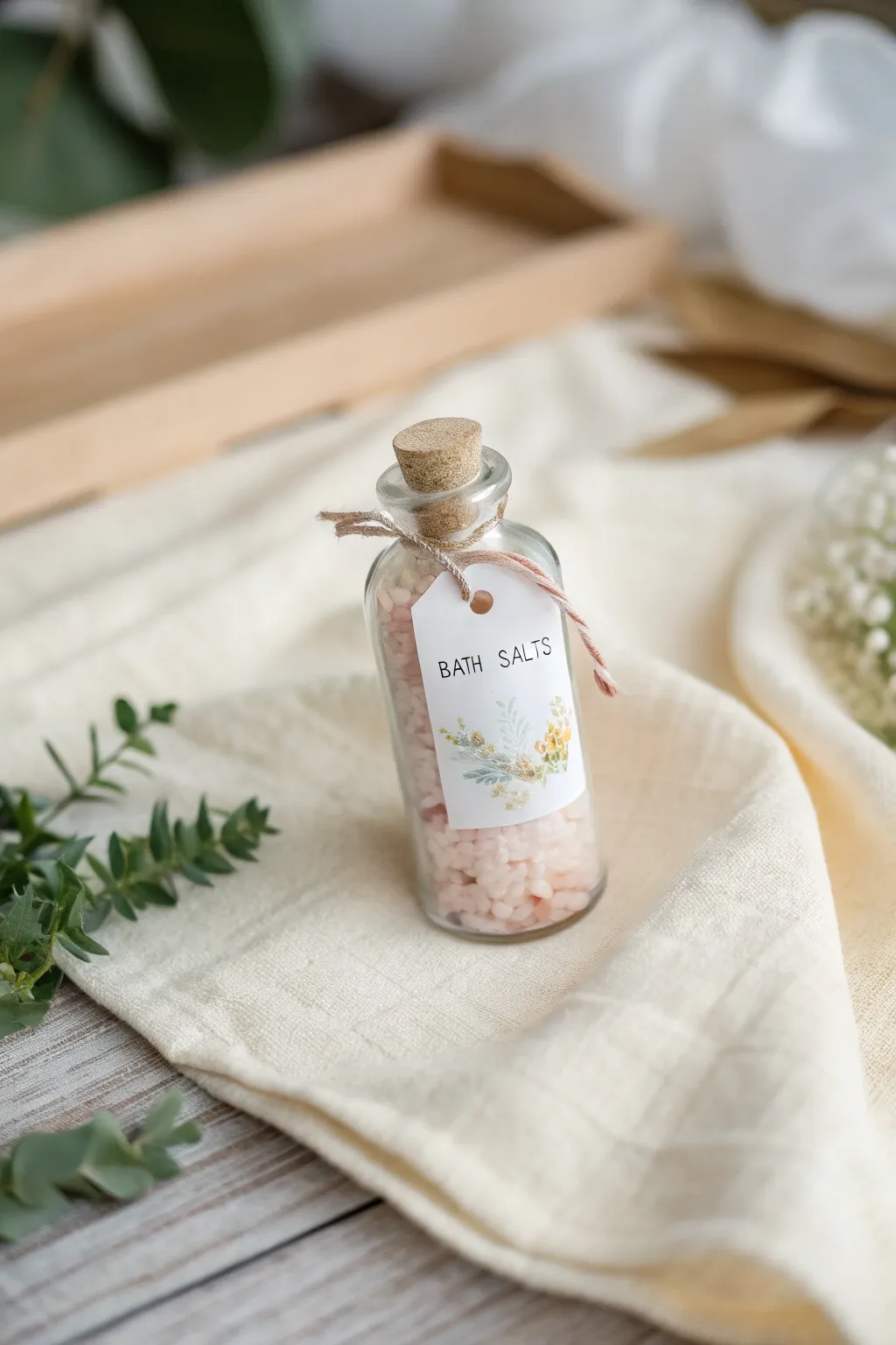Elegant DIY baby shower favor: a touch of spa luxury in a tiny bottle.