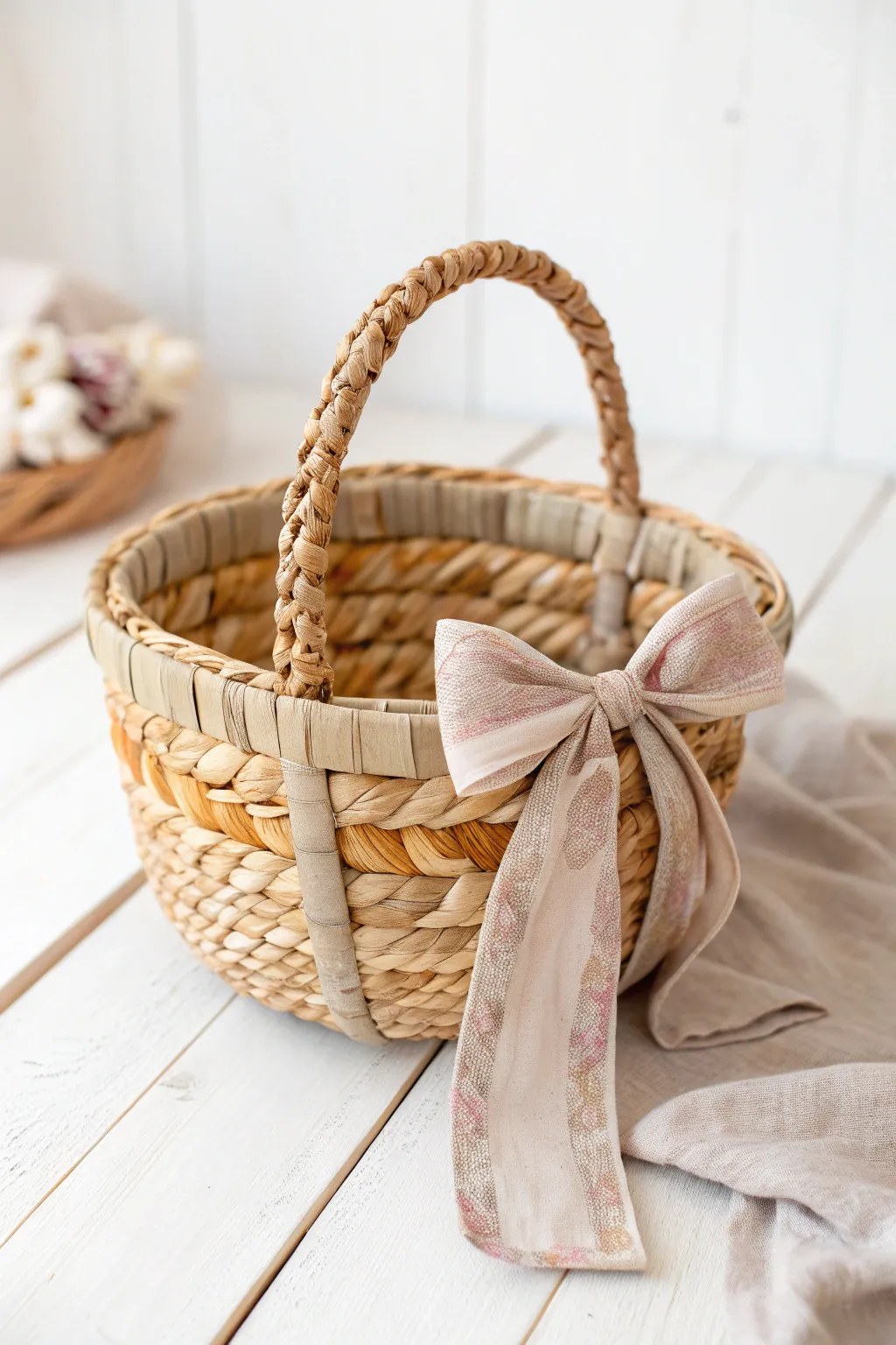 Embrace the art of simplicity: a beautifully woven basket ready to enchant at any silent auction.