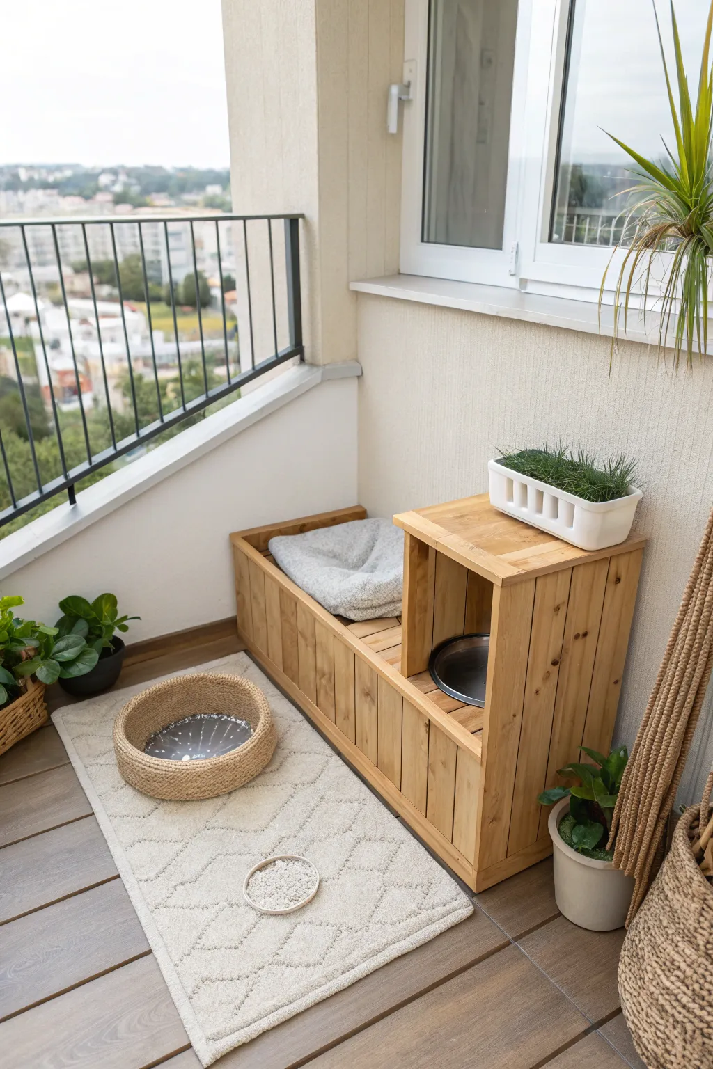 Elevate your balcony with a custom-fit dog potty area that blends seamlessly into your minimalist haven.
