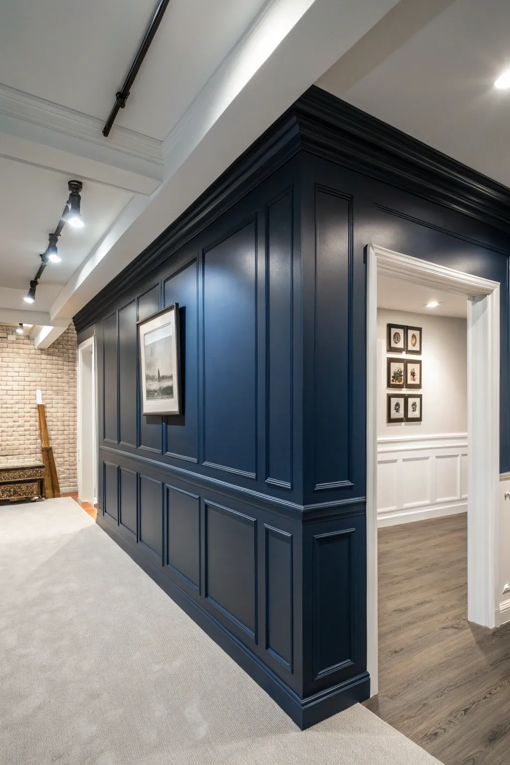 Bold contrasts: Transform your space with a navy soffit against crisp white walls.