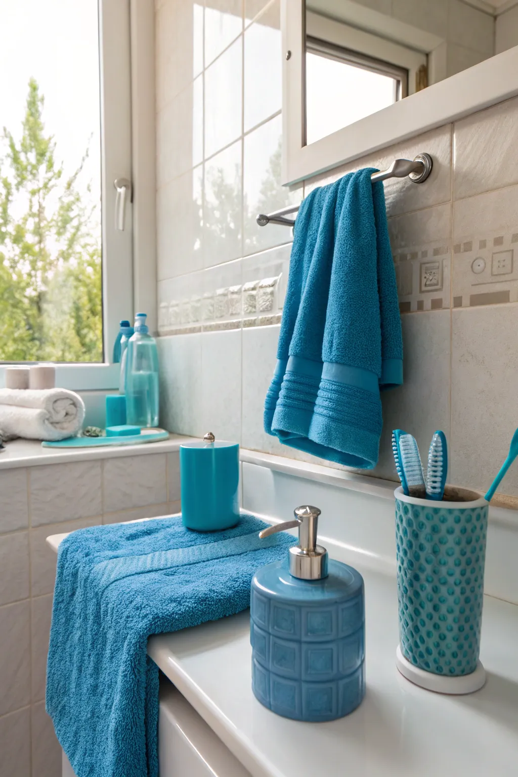 Bold accessories adding a pop of color to a neutral bathroom.