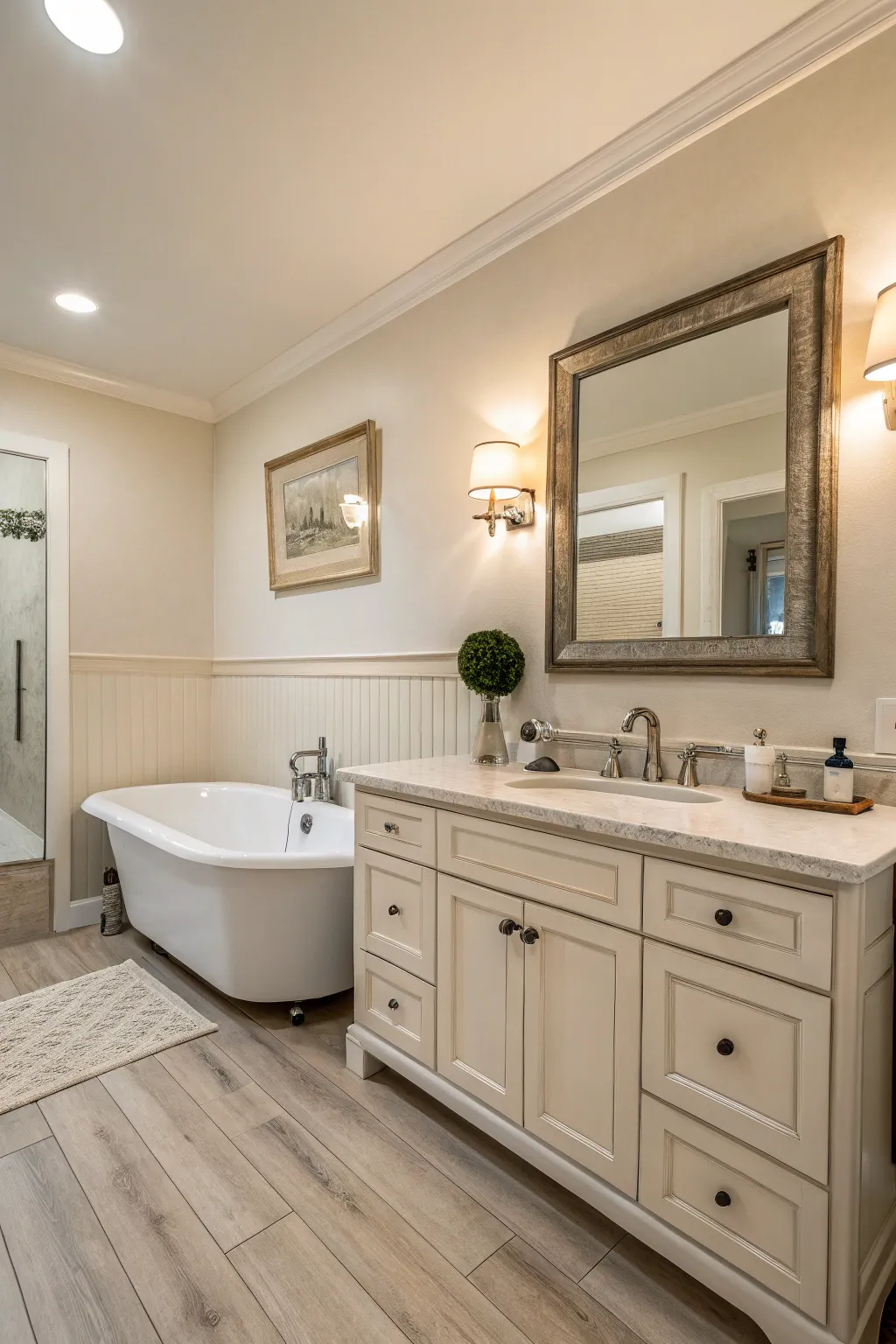 Calming bathroom with neutral and soft colors.