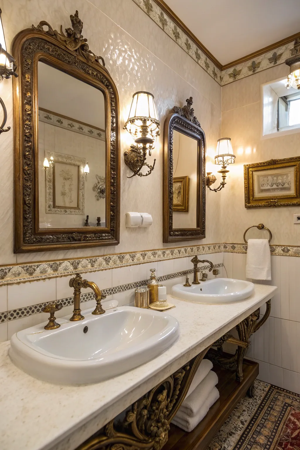 A bathroom infused with vintage charm through mirrors and retro faucets.