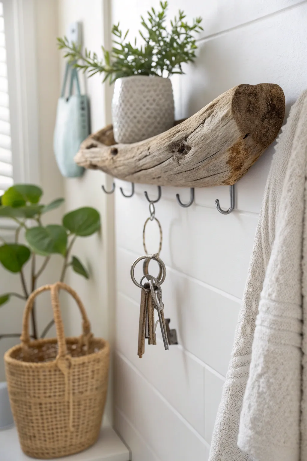 Embrace coastal serenity with a driftwood key hanger that brings natural elegance to your bathroom.