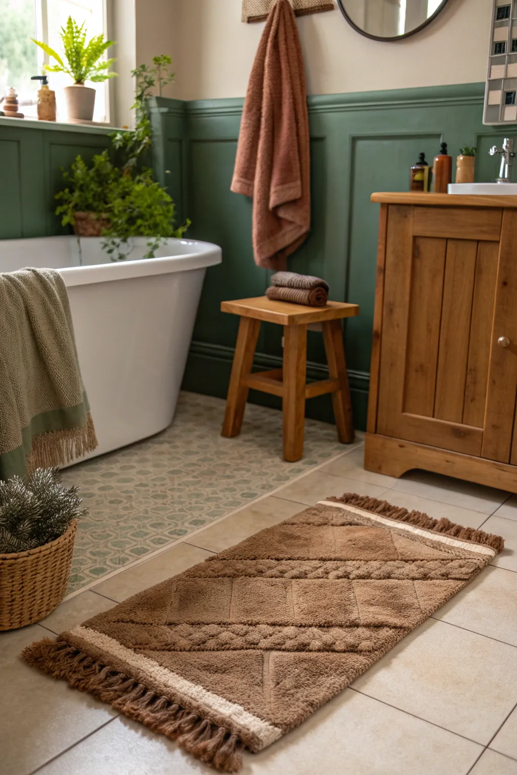 Use rugs to subtly carve out distinct functional areas within your bathroom. 🛁