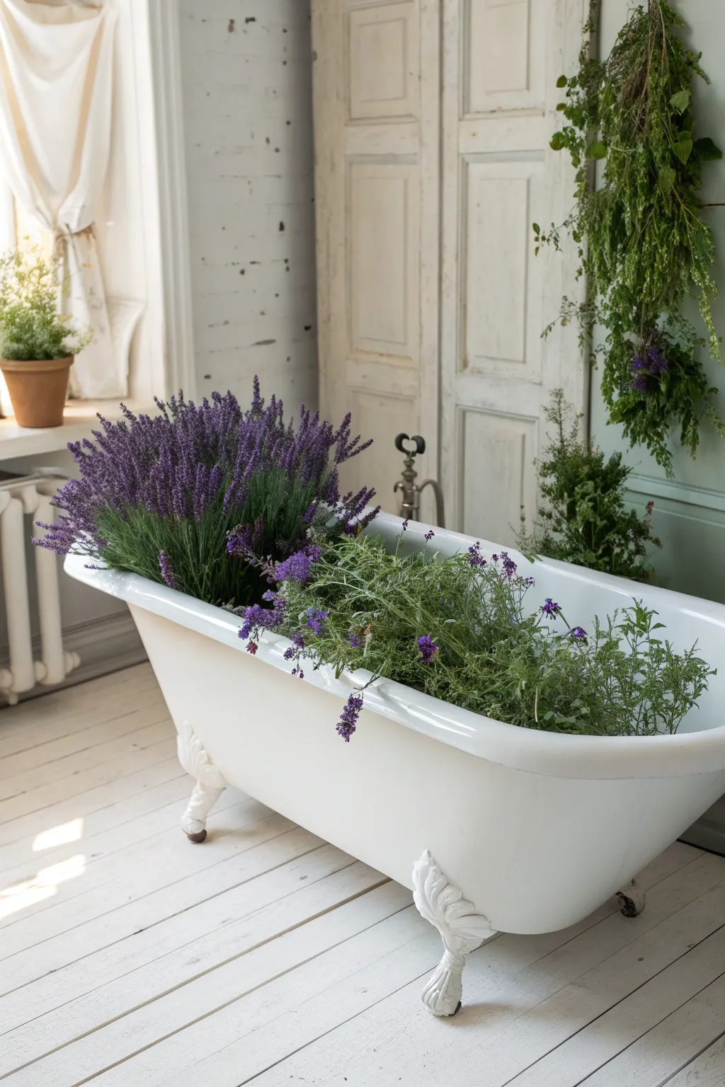Transform your space with Mediterranean vibes: a bathtub planter brimming with lavender and rosemary.